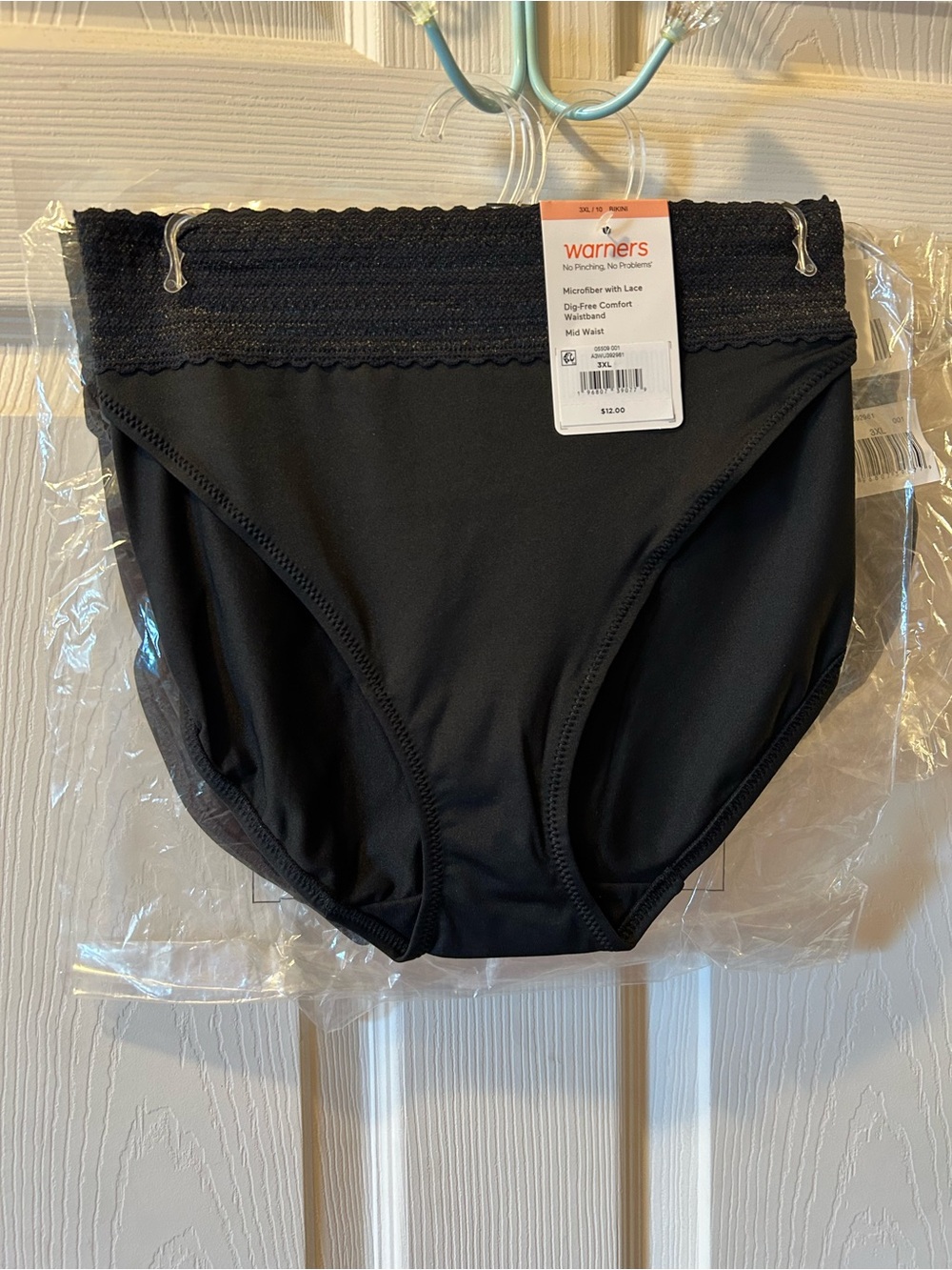 Warner's 3 Pair Size 3XL/10 Black Lace Mid-Waist Bikini Panties NWT